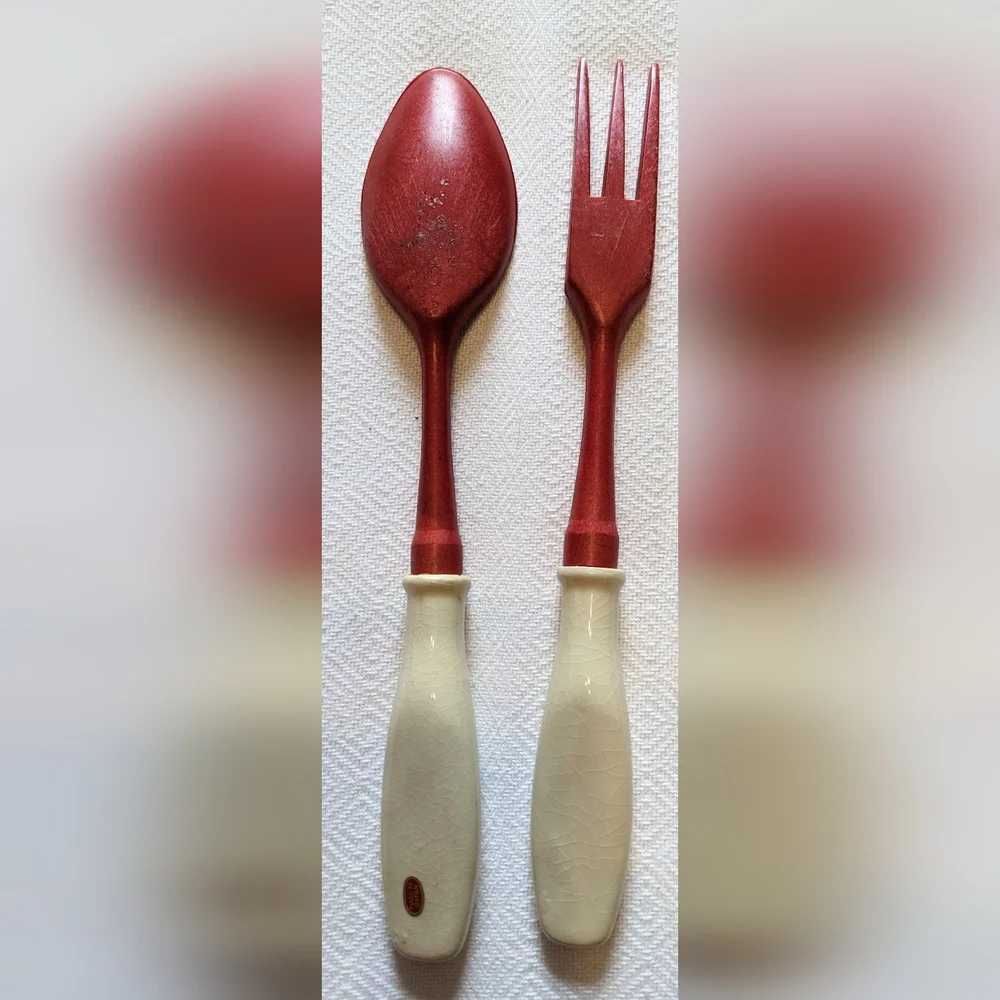Vintage Red and Cream Salad Serving Utensil Set